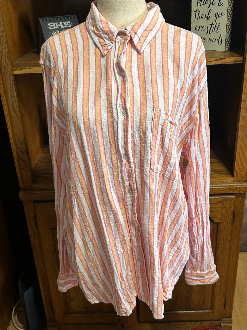 Universal Thread Men's Striped Button-Down Shirt in Pink & Cream Linen Blend Med